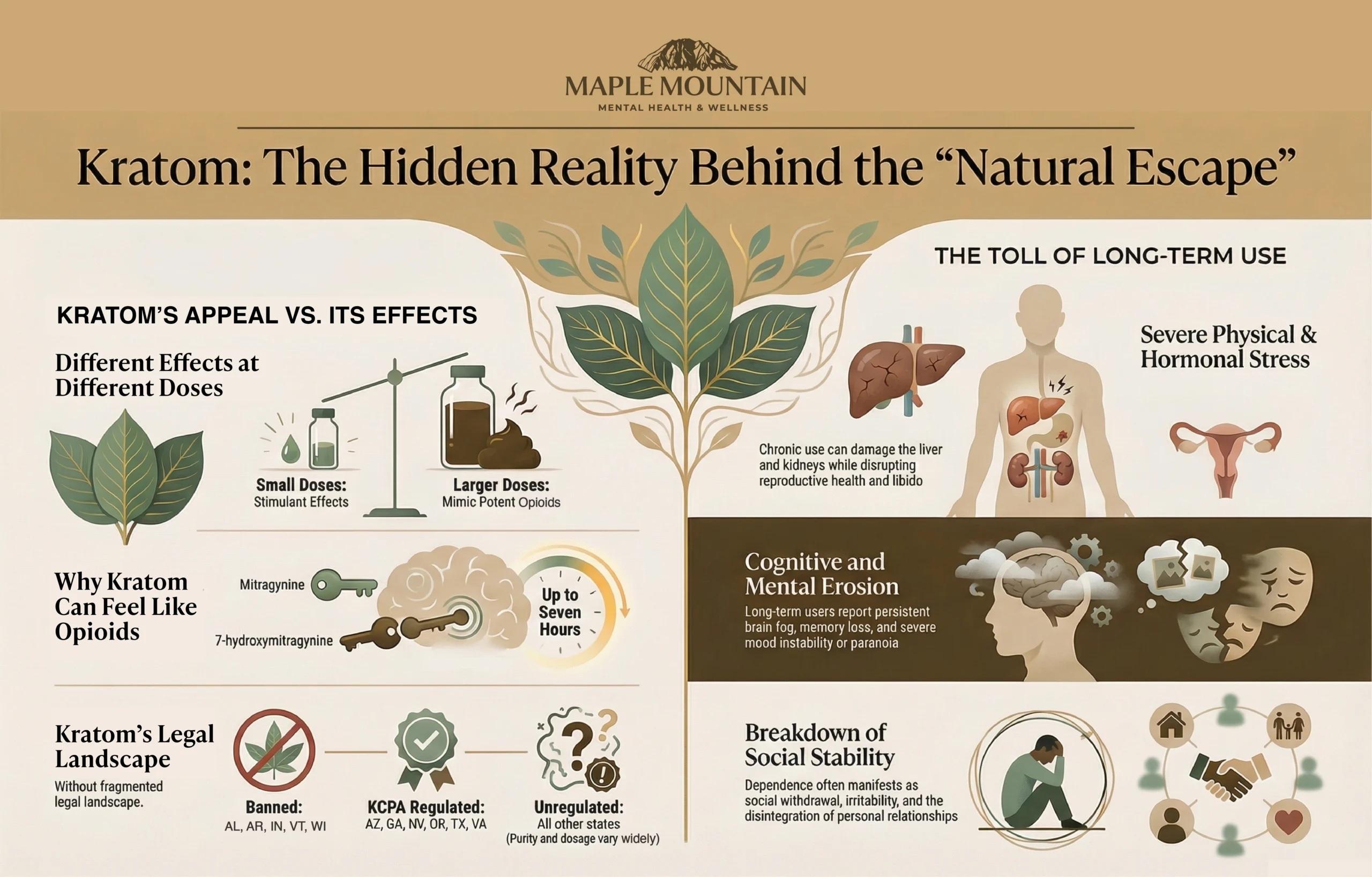 Infographic from Maple Mountain Mental Health & Wellness titled "Kratom: The Hidden Reality Behind the ‘Natural Escape’." It details the risks of Mitragyna speciosa and 7-hydroxymitragynine (7-OH). The graphic compares dose-dependent effects (stimulant vs. opioid-like) and outlines the 2026 legal landscape, noting bans in states like CT, AL, and AR. It highlights the toll of long-term use, including liver and kidney damage, hormonal stress, cognitive erosion (brain fog and paranoia), and the breakdown of social stability. It emphasizes that while marketed as "natural," kratom functions similarly to potent opioids and requires professional recovery support.