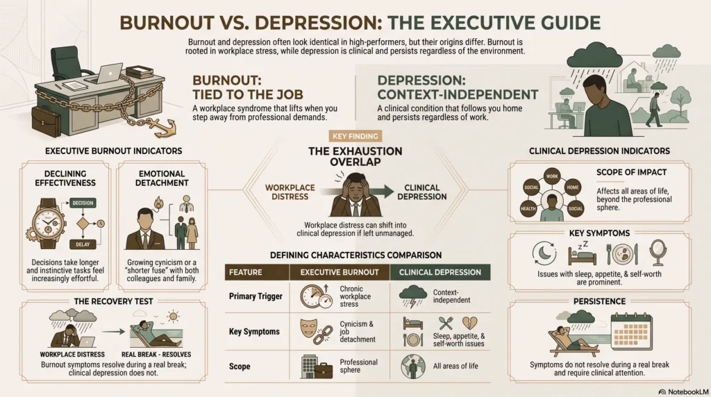 Burnout vs. Depression in Executives: How to Tell the Difference Burnout Versus Depression Executive Guide 11zon Comparison infographic contrasting executive burnout and clinical depression: burnout is job-tied and resolves with a real break, while depression is context-independent and persists, with a comparison table of triggers, symptoms, and scope.