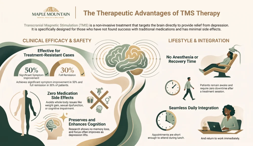 Pros and Cons of TMS Therapy: An Honest Patient's Guide Pros and Cons of TMS Therapy An Honest Patients Guide 11zon Infographic listing TMS therapy benefits: 50% symptom improvement, 30% remission, zero medication side effects, no anesthesia or downtime, and lunch-break appointments.