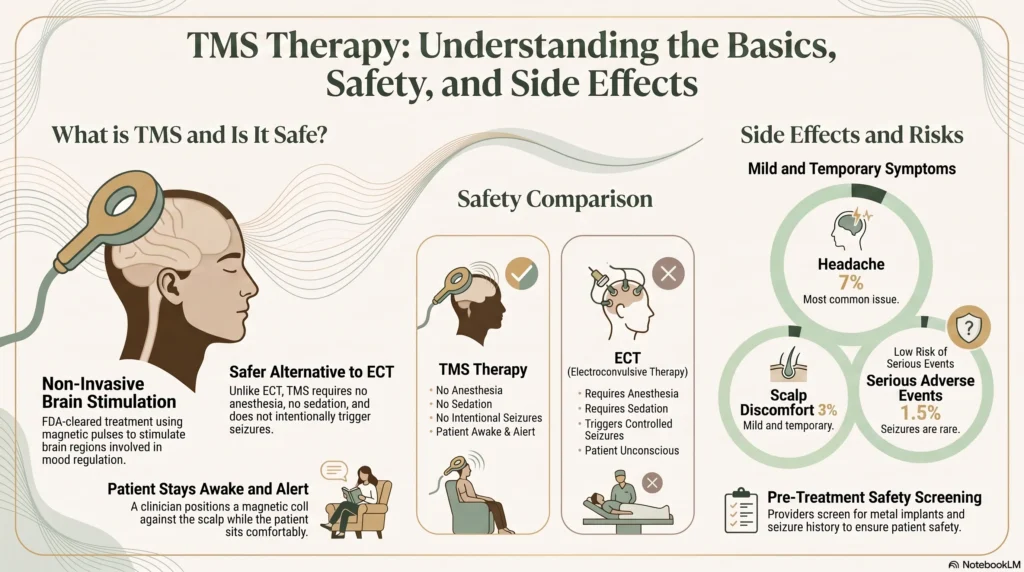 Infographic explaining TMS therapy basics and safety: non-invasive brain stimulation, a TMS-vs-ECT safety comparison, and side effect rates—7% headache, 3% scalp discomfort, 1.5% serious adverse events.