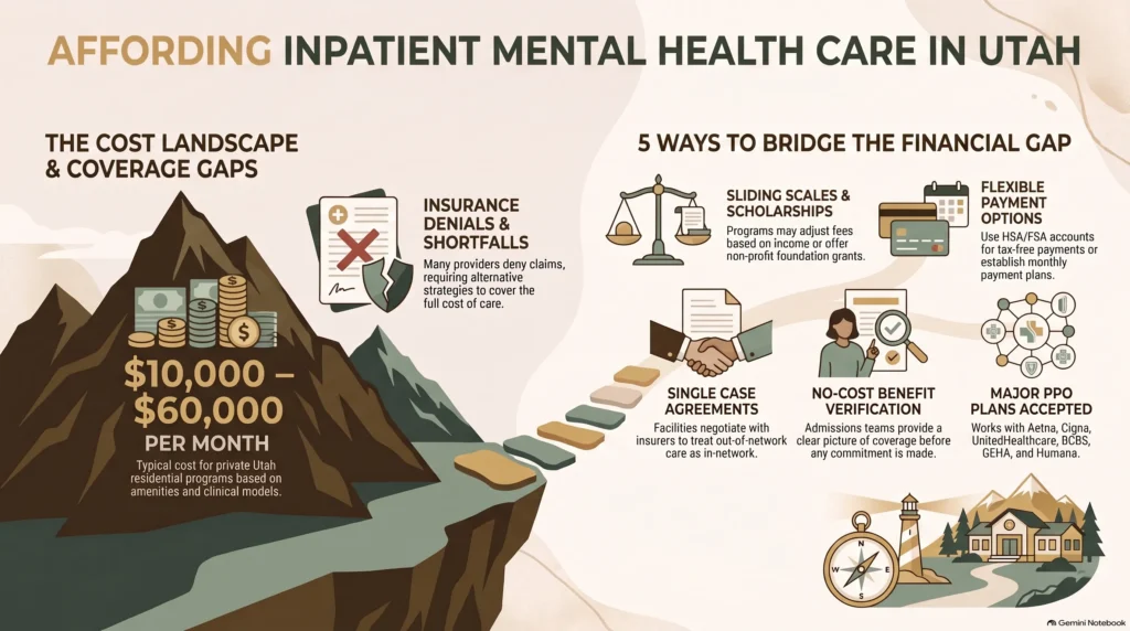 How Much Does Inpatient Mental Health Treatment Cost? What Insurance Covers Affording Utah Mental Health Care 11zon Infographic on affording inpatient mental health care in Utah: the $10,000–$60,000 monthly cost landscape and coverage gaps, plus five ways to bridge the financial gap—sliding scales and scholarships, flexible HSA/FSA payment options, single case agreements, no-cost benefit verification, and accepted major PPO plans.