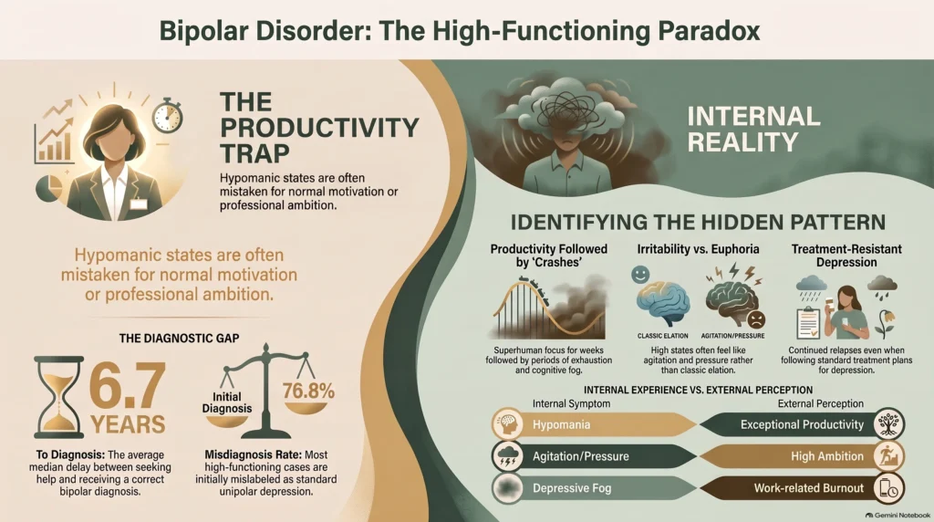 Infographic on high-functioning bipolar disorder: the productivity trap where hypomania is mistaken for ambition, a diagnostic gap of 6.7 years and 76.8% misdiagnosis rate, and how internal symptoms (hypomania, agitation, depressive fog) are externally perceived as productivity, ambition, and burnout.