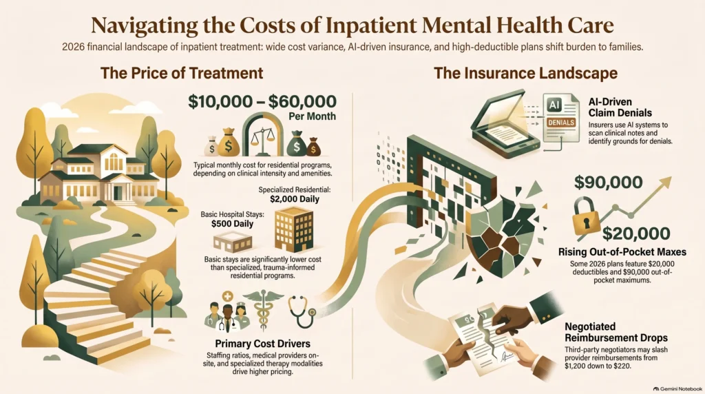 How Much Does Inpatient Mental Health Treatment Cost? What Insurance Covers Navigating Mental Health Care Costs 11zon Infographic on inpatient mental health care costs in 2026: monthly range of $10,000–$60,000, daily rates from $500 to $2,000, key cost drivers, and insurance shifts including AI-driven claim denials, $20,000 deductibles, $90,000 out-of-pocket maximums, and reimbursement drops from $1,200 to $220.