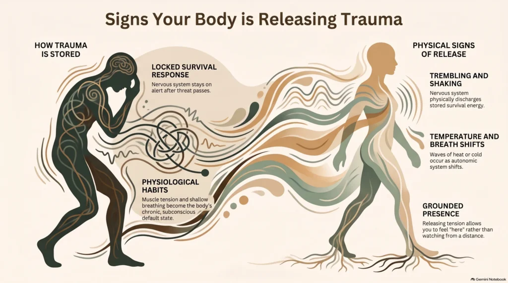 Infographic contrasting how trauma is stored (a locked survival response and chronic muscle tension and shallow breathing) with the physical signs of release: trembling and shaking, temperature and breath shifts, and a grounded sense of presence.