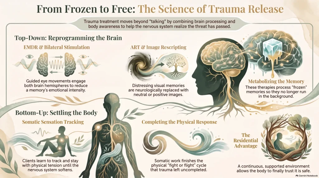 Infographic on how trauma treatment works: top-down brain approaches (EMDR bilateral stimulation, ART image rescripting, metabolizing frozen memories) and bottom-up body approaches (somatic sensation tracking, completing the fight-or-flight response), plus the residential treatment advantage.